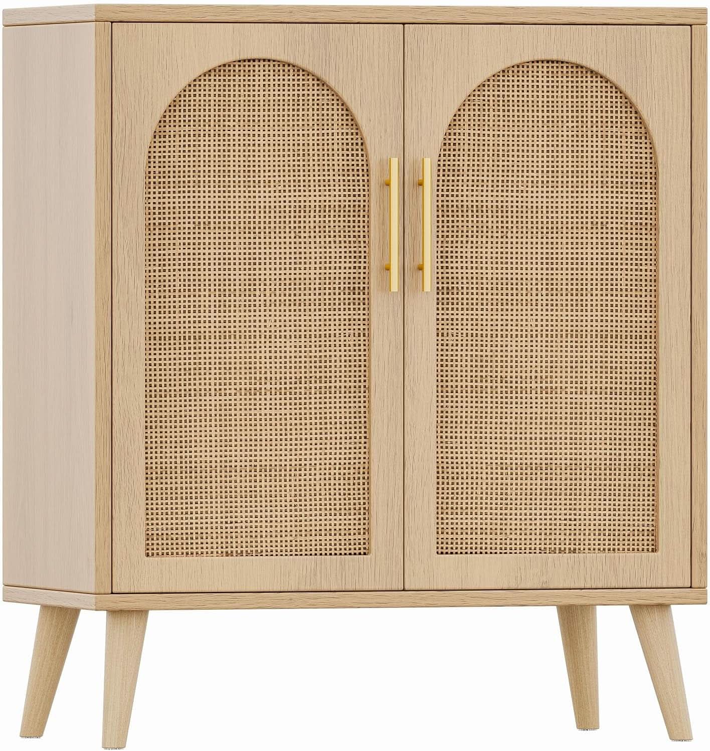 Natural Rattan Storage Sideboard Cabinet With Adjustable Shelves