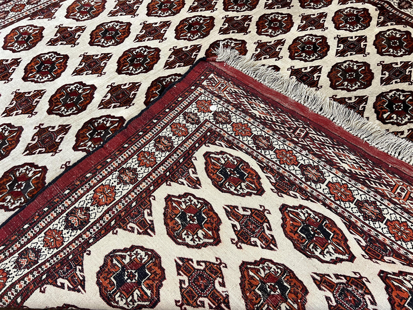 Persian Turkoman Rug 7x8, Almost Square Rare, Hand Knotted, Yamud, Bohemian Rug, Handmade Tribal Rug, Cream Red, Handmade Oriental Carpet