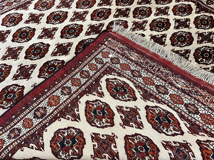 Persian Turkoman Rug 7x8, Almost Square Rare, Hand Knotted, Yamud, Bohemian Rug, Handmade Tribal Rug, Cream Red, Handmade Oriental Carpet