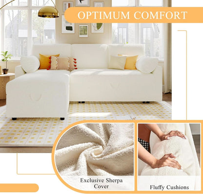 Sleeper Sofa Bed With Storage Chaise In White Boucle