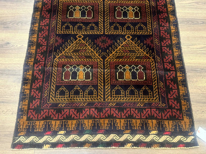 Afghan Rug 3x7, Navy Blue, Tribal Rug, Balouch Carpet, New