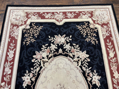 Needlepoint Rug 5x8, Wool Handmade Vintage European Design Carpet, Black & Maroon, French Aubusson Pattern Flatweave Rug