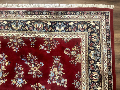Indo Persian Sarouk Rug 10x14, Large Red and Navy Blue Carpet, Traditional Floral Wool Rug