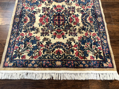 Square Persian Kerman Rug 4x4, Ivory Blue Pink, Handmade, Fine 225 KPSI