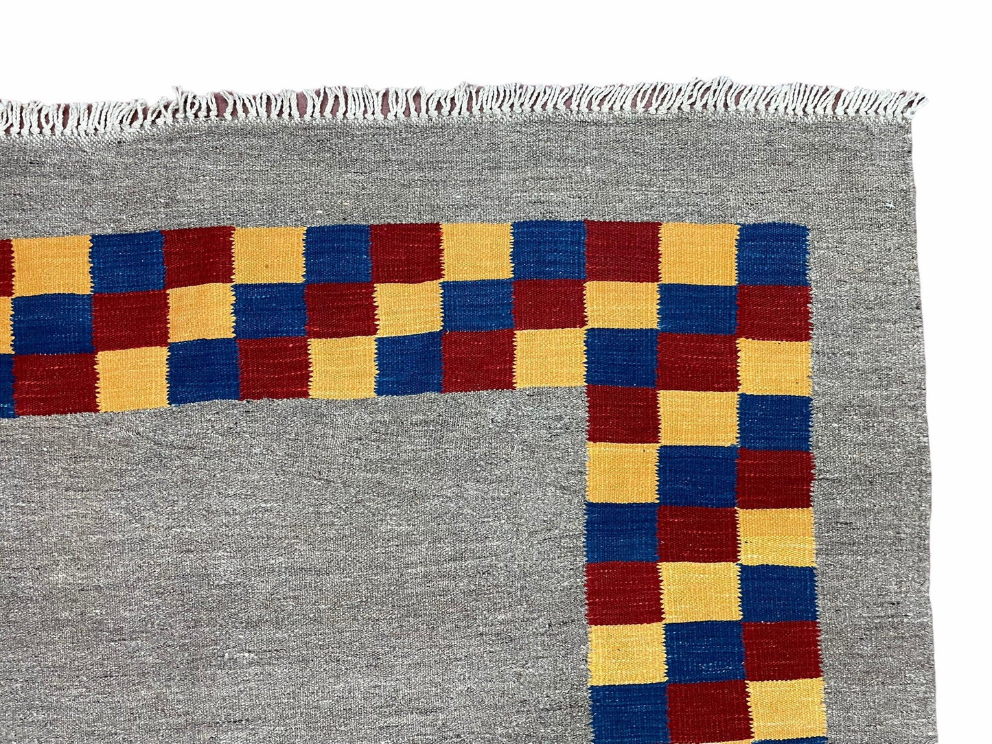 Gray Kilim Carpet, Yellow, Red, Blue Checkerboard Pattern, Flatweave, New, Geometric, Hand-Knotted, Wool, Turkish Area Rug, 5' 9" x 7' 9"