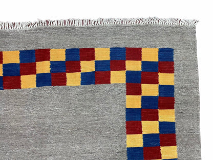 Gray Kilim Carpet, Yellow, Red, Blue Checkerboard Pattern, Flatweave, New, Geometric, Hand-Knotted, Wool, Turkish Area Rug, 5' 9" x 7' 9"