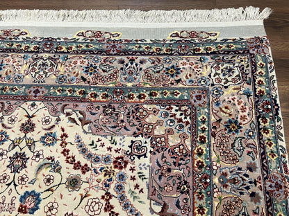Beautiful Pak Persian Rug 6x9, Floral Medallion, Wool and Silk, Highly Detailed Elegant Carpet, Vintage Oriental Rug 6 x 9, Cream and Gray