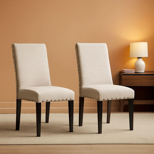 Tan Fabric Dining Chairs With Nailhead Trim Set Of 2