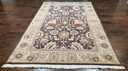 Vintage Indo Mahal Area Rug 6x9, Indian Persian Oriental Carpet 6 x 9, Puce Eggplant Tan Beige Rug, Hand-Knotted, Large Floral Design Wool