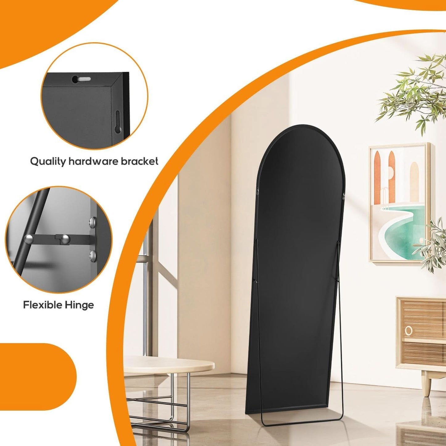 Arched Full Length Mirror 59x16 Inch Shatterproof Glass