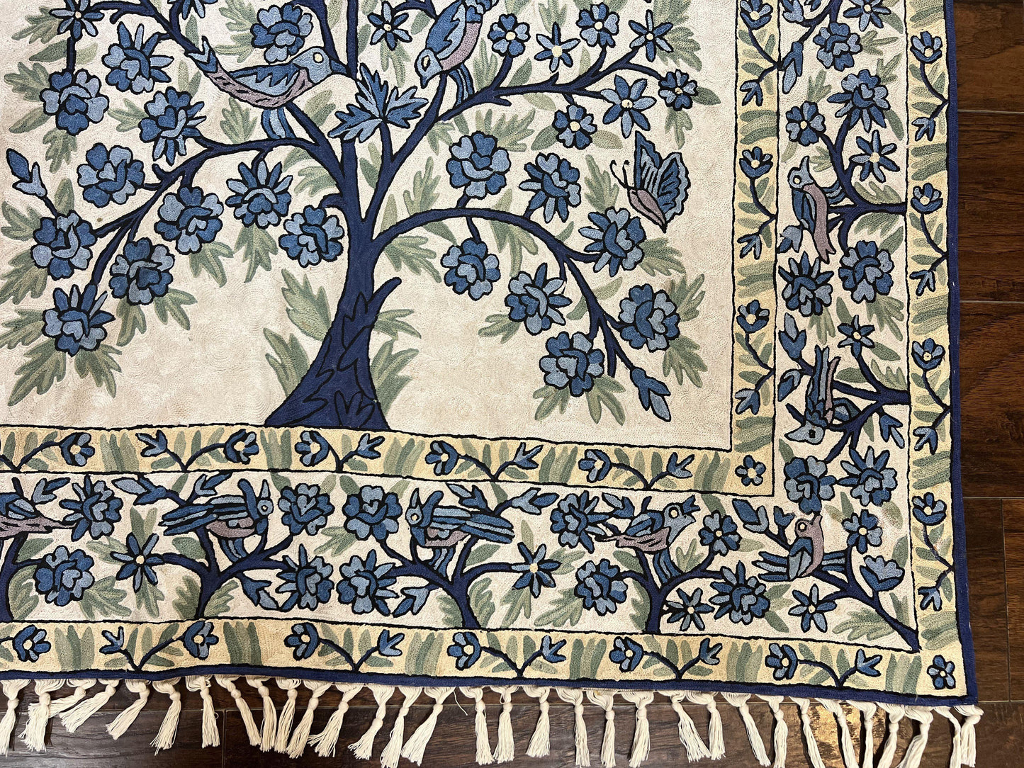 Tree of Life Indian Hand Stitched Rug 4x6, Indian Wall Hanging Rug, Ivory Blue, Silk on Cotton, Vintage