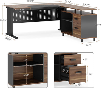 63 Inch L Shaped Desk With File Cabinet For Home Office