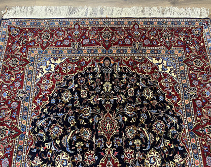Dark Blue Persian Rug 5x8, Kork Wool Semi Antique Kashan Carpet, Very Fine Lachak Toranj Rug, Hand Knotted Floral Medallion Rug, 5 x 8 Oriental Rug
