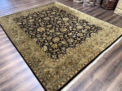 Indo Persian Rug 8x10, Black and Green, Wool, Handmade, Traditional, Floral Allover, Vintage