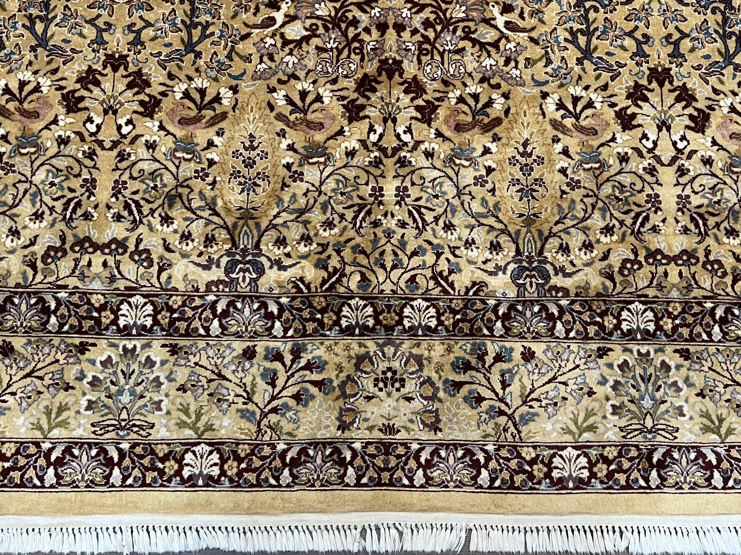 Pretty Indo Persian Rug 6x9, Allover Floral Motif with Birds, Tan/Cream, Very Fine Oriental Carpet, Hand Knotted Vintage Indian Wool Rug