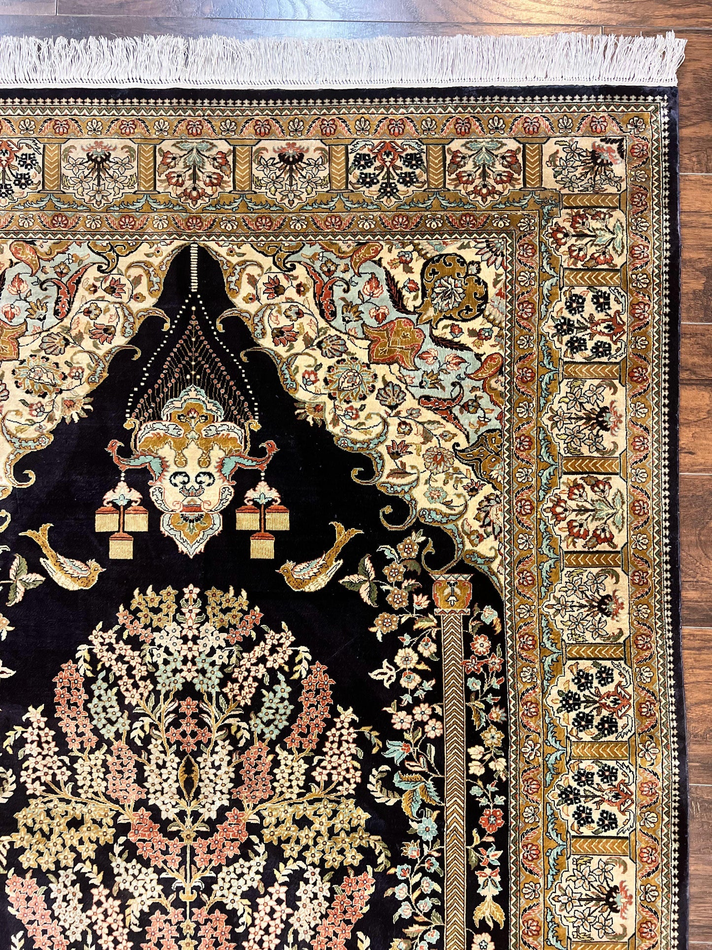 Wonderful Sino Persian Silk Rug 4x6, Tree of LIfe Design, Masterpiece 575 KPSI, Birds, Prayer Rug, Black, Silk on Silk