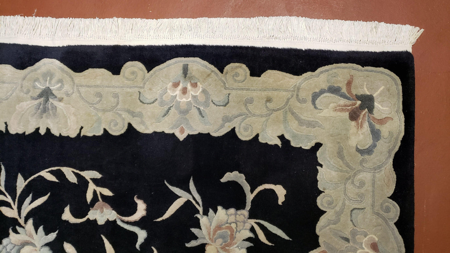 6x9 Vintage Black Gray Chinese Rug 120 Lines Wool Carpet Floral Design Hand-Knotted Soft Pile Entryway Rug Foyer Rug Nice