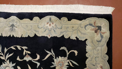 6x9 Vintage Black Gray Chinese Rug 120 Lines Wool Carpet Floral Design Hand-Knotted Soft Pile Entryway Rug Foyer Rug Nice