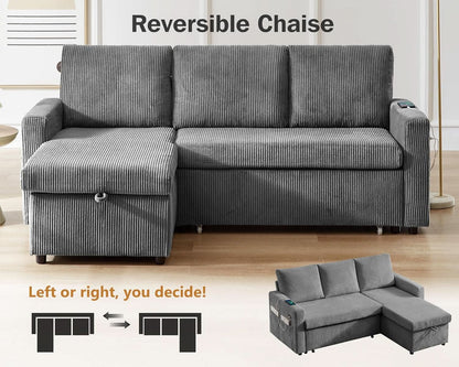 81 Inch Corduroy Velvet GreyTone Sleeper Sofa Pullout