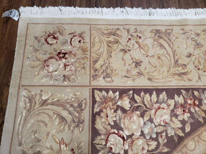 Chinese Aubusson Savonnerie Area Rug 8x12, Vintage 120 Line Carpet, Wool and Silk Hand-Knotted, Birds Flowers Master Weaver Signature
