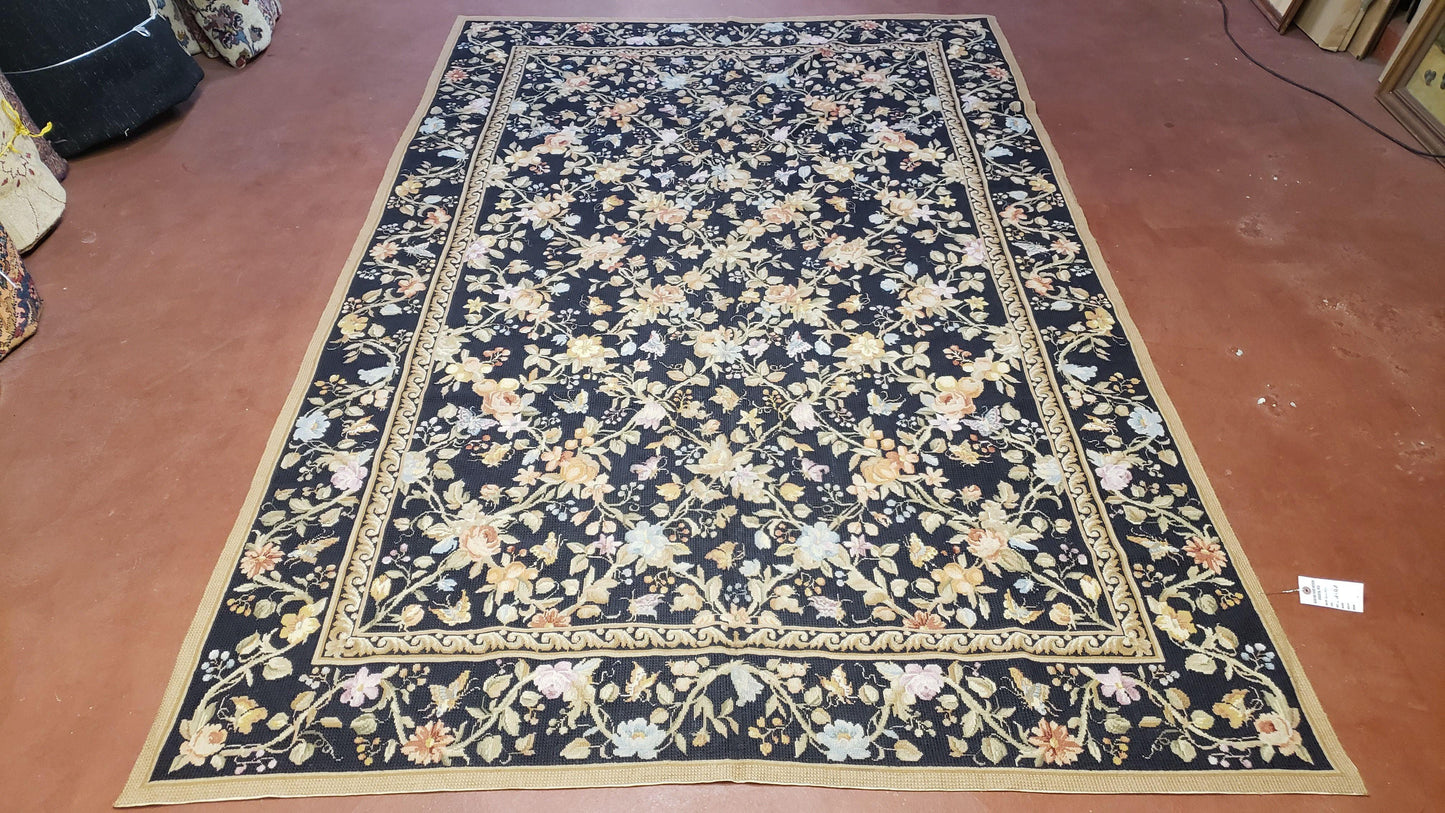 6x9 Vintage Needlepoint Rug Petitepoint Carpet Butterflies Floral Design Dark Brown & Tan 6 x 9 Handmade Flatweave Area Rug