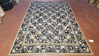 6x9 Vintage Needlepoint Rug Petitepoint Carpet Butterflies Floral Design Dark Brown & Tan 6 x 9 Handmade Flatweave Area Rug