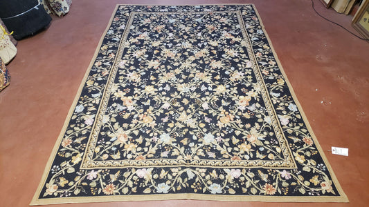 6x9 Vintage Needlepoint Rug Petitepoint Carpet Butterflies Floral Design Dark Brown & Tan 6 x 9 Handmade Flatweave Area Rug