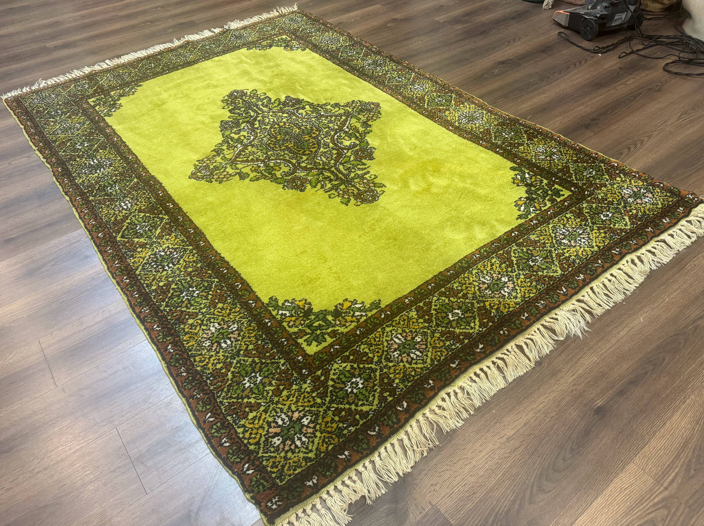 Moroccan Rug 6x8, Semi Open Field, Vintage, Lime Green, Wool Carpet