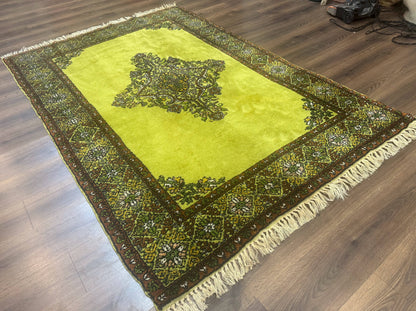 Moroccan Rug 6x8, Semi Open Field, Vintage, Lime Green, Wool Carpet