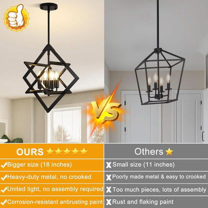 18 Inch Black Geometric Industrial Farmhouse Chandelier With 4 Lights Adjustable Height