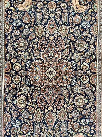 Persian Kashan Rug 4x7, Floral Medallion Vintage Handmade Hand Knotted Navy Blue & Red Wool Oriental Carpet, Highly Detailed Semi Antique Rug