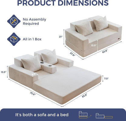Beige Foldable Convertible Sleeper Sofa With CupHolders