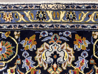 Wonderful Navy Blue Persian Kashan Rug 11x13, Allover Floral Design with Central Medallion, Wool Hand-Knotted Antique Carpet, Signed Rabani Rug