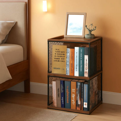 2 Cube Stackable Book Shelves Organizer Black Brown Wood For Kids Rooms And Living Spaces