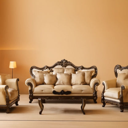 4 Piece Living Room Set Tan And Antique Oak Traditional