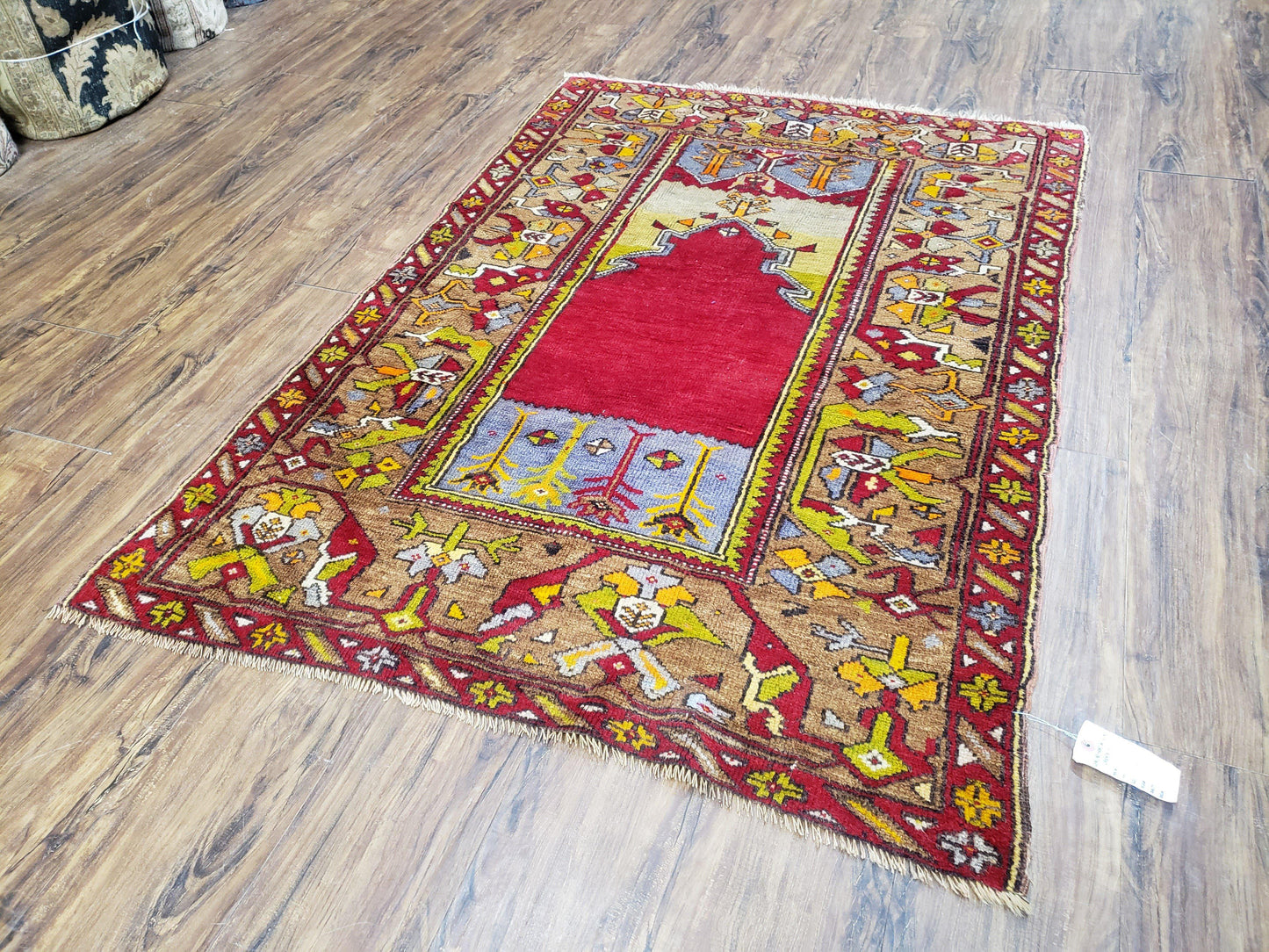 Antique Turkish Prayer Rug 3.8 x 5ft, Colorful Prayer Rug, Red Blue Gold Multicolor Turkish Anatolian Carpet, Handmade Hand-Knotted, Wool