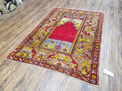 Antique Turkish Prayer Rug 3.8 x 5ft, Colorful Prayer Rug, Red Blue Gold Multicolor Turkish Anatolian Carpet, Handmade Hand-Knotted, Wool