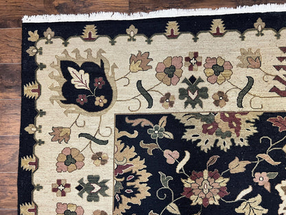 Indo Persian Rug 10x14, Wool Handmade Room Sized Floral Oriental Carpet, Indian Mahal Flatweave Rug, Black Beige
