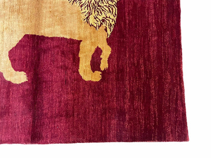 3.5 X 5 Handmade Rug Vintage New Rug Quality Wool Lion Red Veggy Dyes Pictorial