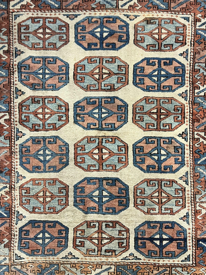 Turkish Kazak Rug 3x4, Wool Hand Knotted Handmade Vintage Carpet, Geometric Tribal Repeated Motif, Small 3 x 4 Antique Rug, Cream Red