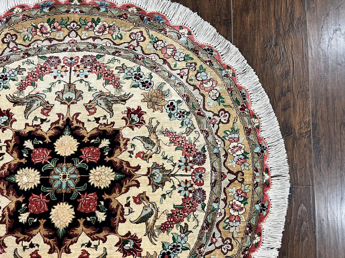 Silk Persian Tabriz Round Rug 3x3 ft, Very Fine Hand Knotted Carpet 380 KPSI, Cream & Gold, Bird Pictorials, Floral, Rare
