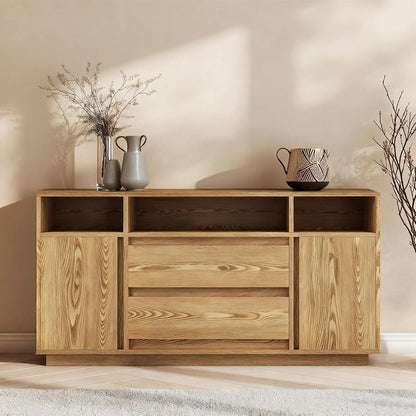 63 Inch Natural Solid Wood Sideboard With Drawers Storage