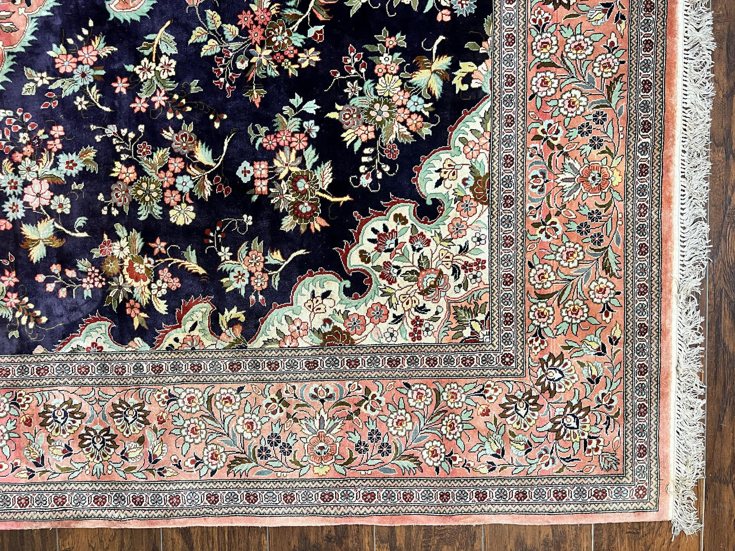 Stunning Silk Persian Qum Rug 7x9, Finely Hand Knotted Navy Blue & Salmon Floral Medallion Authentic Oriental Carpet, Vintage Handmade Silk Ghom Rug, Silk on Silk
