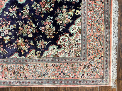 Stunning Silk Persian Qum Rug 7x9, Finely Hand Knotted Navy Blue & Salmon Floral Medallion Authentic Oriental Carpet, Vintage Handmade Silk Ghom Rug, Silk on Silk