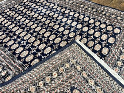 Pakistani Bokhara Rug 8x10, Turkoman Carpet, Dark Blue and Beige, Vintage Handmade Wool Carpet