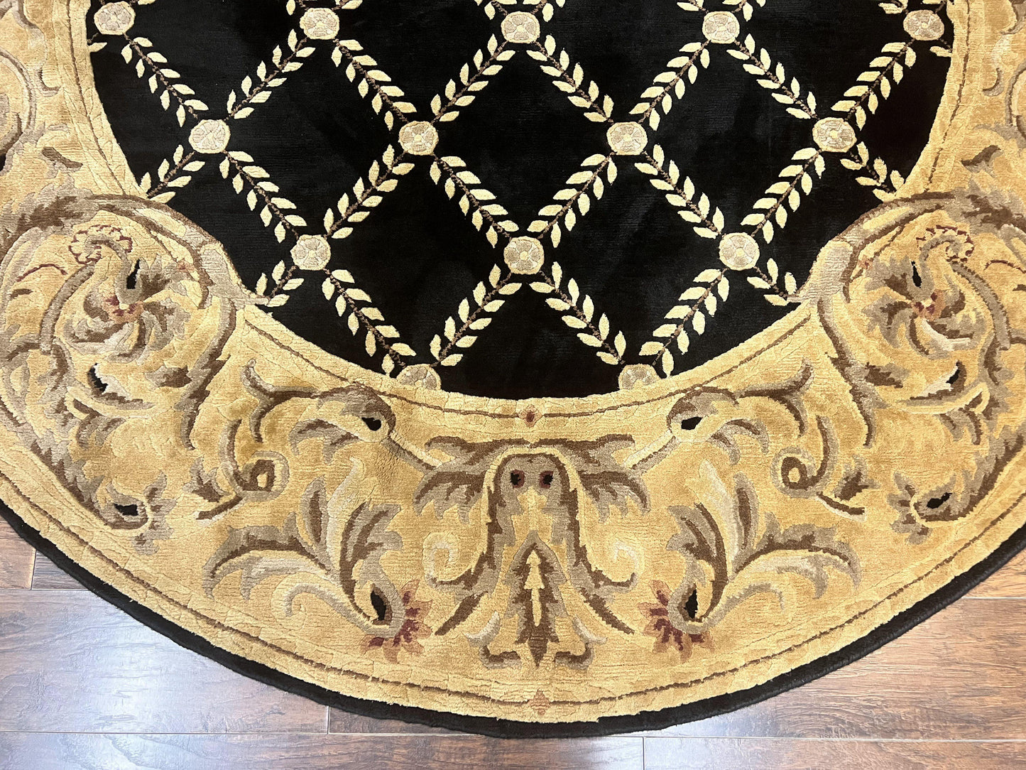 Oval Tibetan Rug 8x10, French Aubusson Design, Wool Handmade Vintage Carpet, Black & Beige, Soft Wool Pile