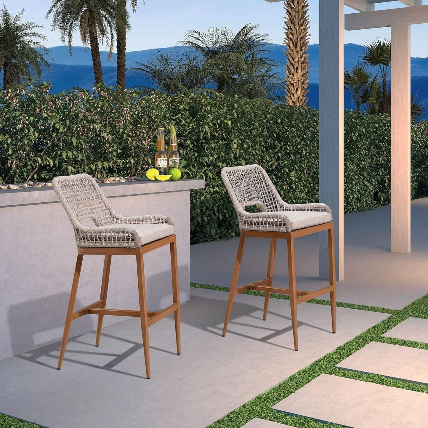 Counter Height Bar Stools With Backrest Set of 4 Rattan