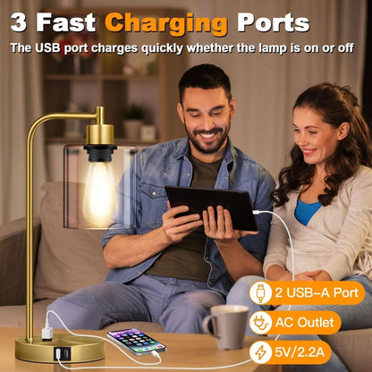 Industrial Touch Table Lamps Set Of 2 With USB Ports And AC Outlet Brass