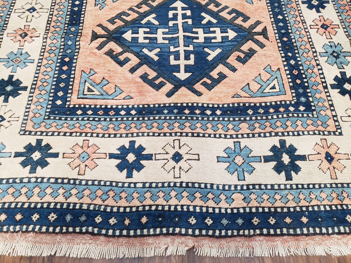 Turkish Kazak Rug 5x8 ft, Bold Geometric Bohemian Carpet, Blue and Ivory Hand Knotted Area Rug, Medium Sized High Quality Wool Oriental Rug