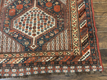 Antique Persian Shiraz Rug 5x8, Khamseh Tribal Wool 1920s Carpet, Navy Blue